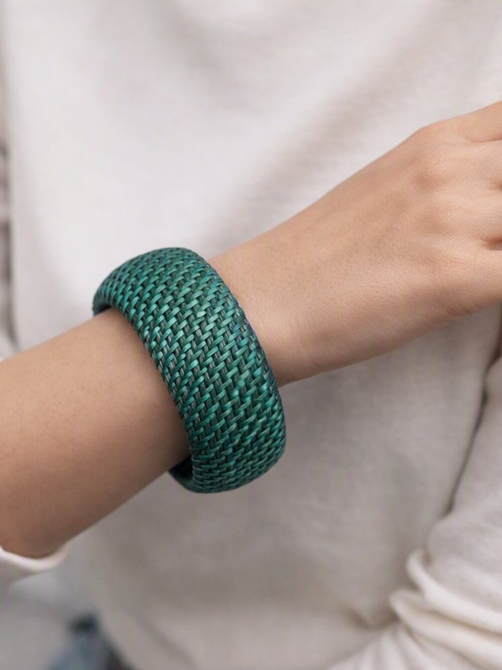 Vintage Boho Artisanal Teal Bracelet Dyed Woven Rattan Domed Wide Bangle
